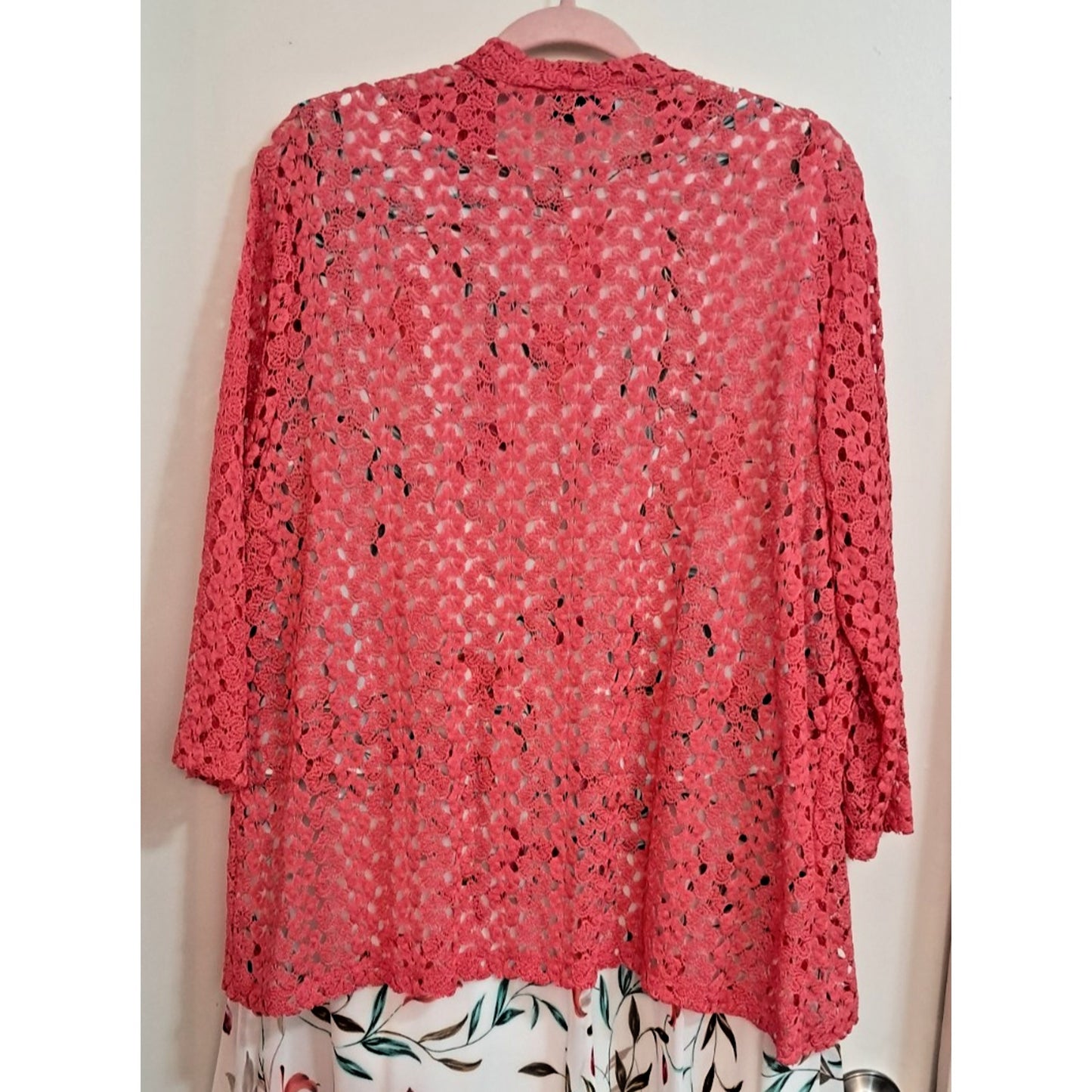 - Coral Crochet Lace Openwork Cardigan Flo Layering Sweater Southern Lady Sz 1X
